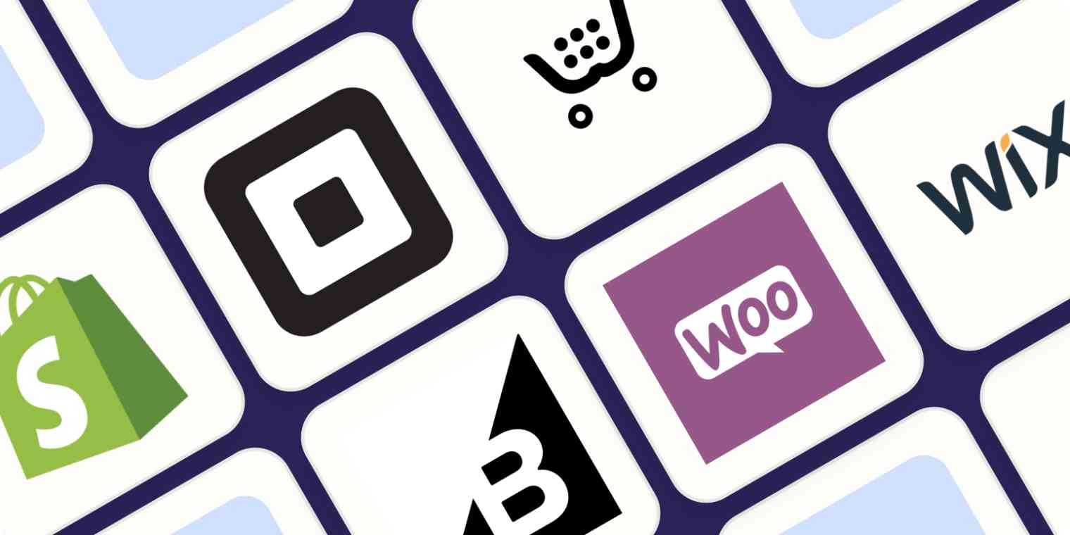 Logos of e-commerce site platforms: Shopify, Square, BigCommerce, WooCommerce, Wix.