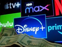 popular streaming services including Apple TV+, HBO Max, Netflix, Hulu, Disney+, and Amazon Prime with dollar bills in the foreground