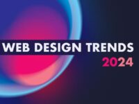 Graphic highlighting Web Design Trends for 2024 with vibrant gradients and modern design elements