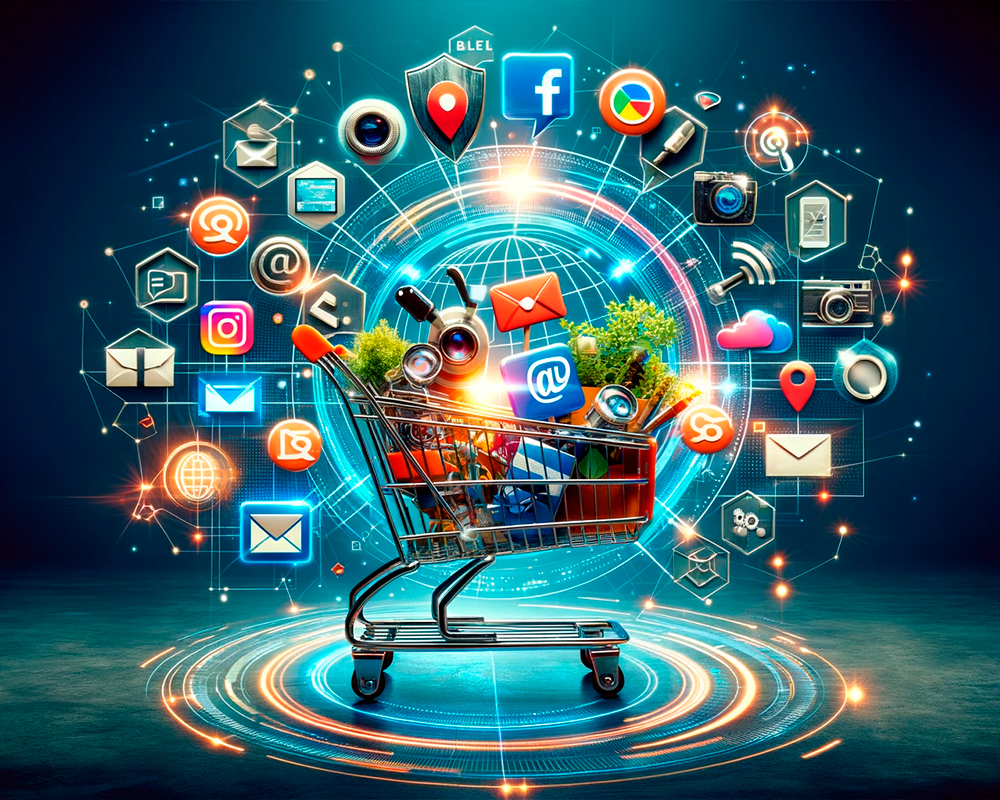 Shopping cart adorned with social media icons, symbolizing the integration of Ecommerce Marketing strategies.